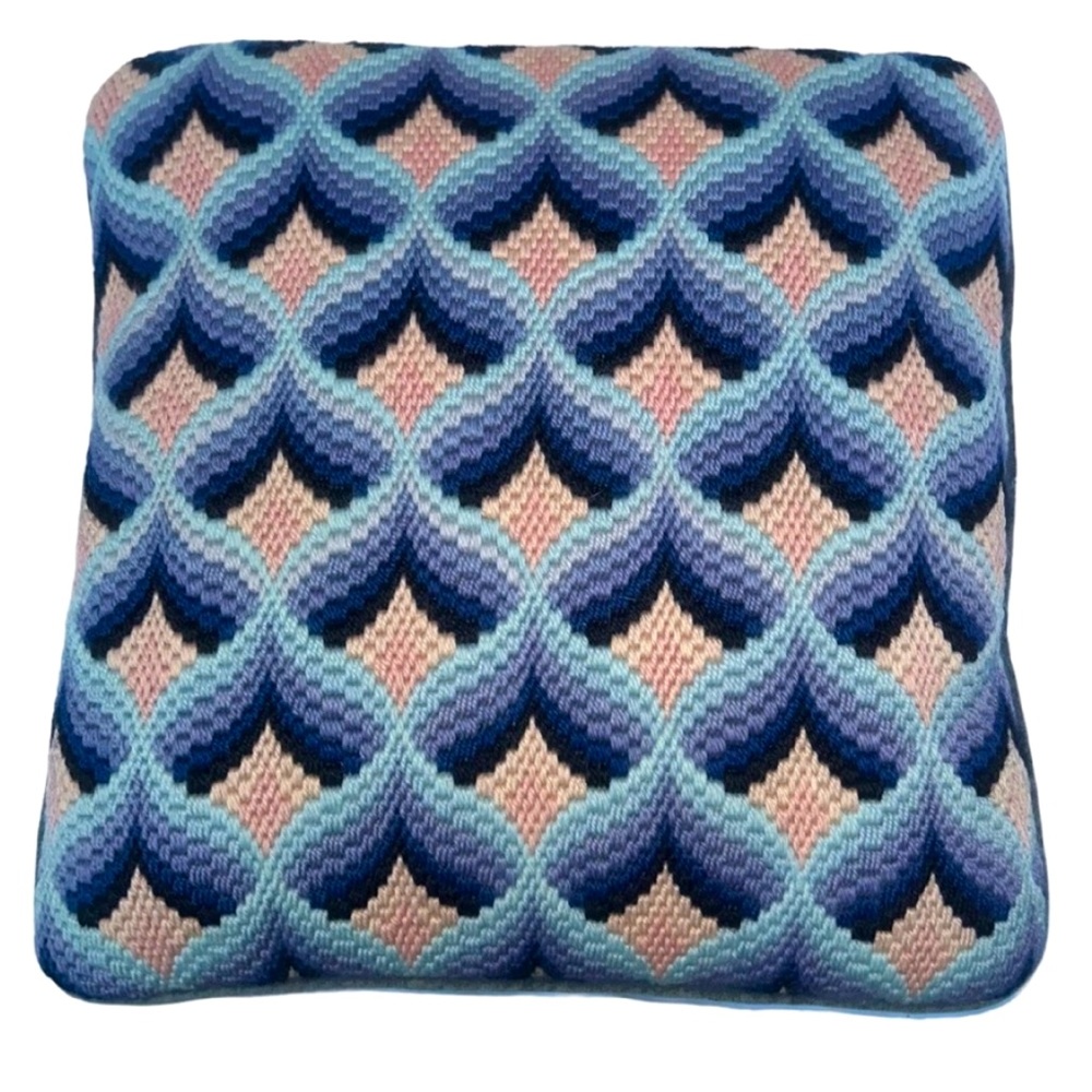 Antique Needlepoint HAND MADE BLUE tan shabby chic 3D Hearts pillow 13"…